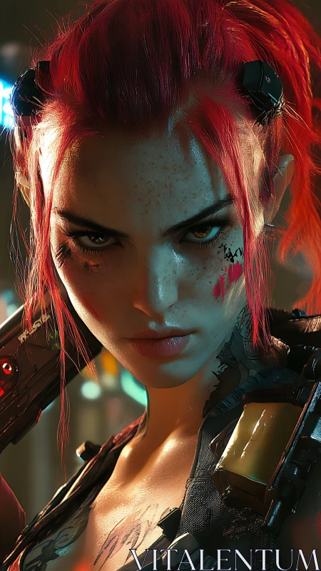 Cyberpunk warrior locks on target with fierce neon stare.