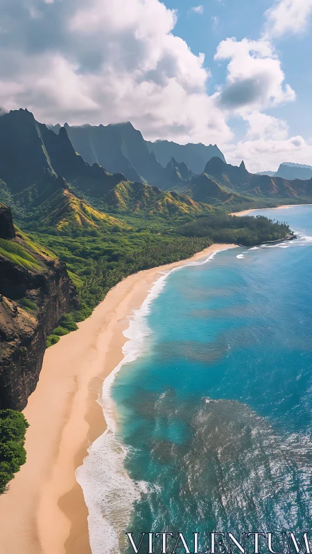 Napali Coast Aerial Perspective: Verdant Cliffs and Turquoise Littoral.