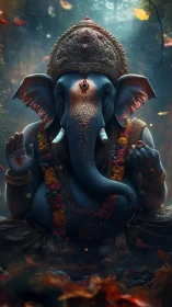 Hyperrealistic Ganesha deity render with garlands in forest shrine