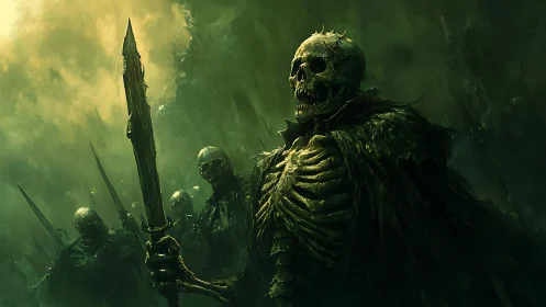 Skeletal warlord leads decayed undead legion in toxic green fog