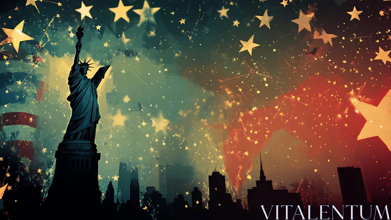 Silhouetted Liberty statue against abstract patriotic skyline tableau