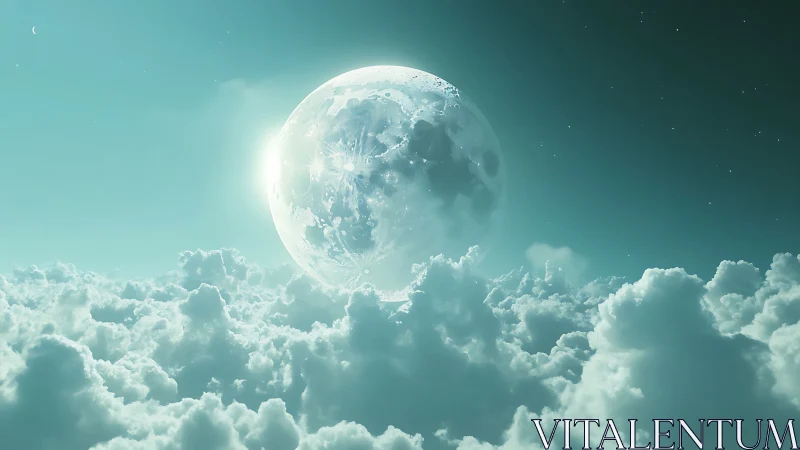 Surreal moon rising above luminous turquoise cloud sea.