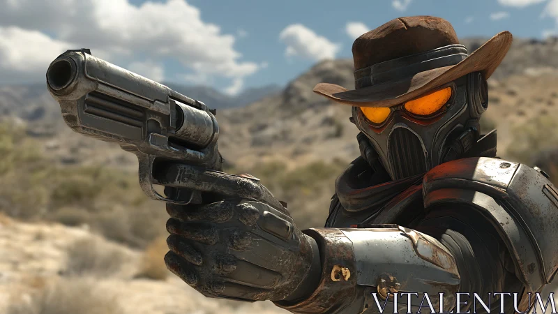 Dustborn android gunslinger aims down burning horizon.