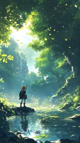 Solitary game character observing sunlit forest stream.