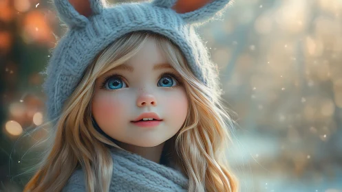 Girl in knit animal hat against soft outdoor bokeh background.