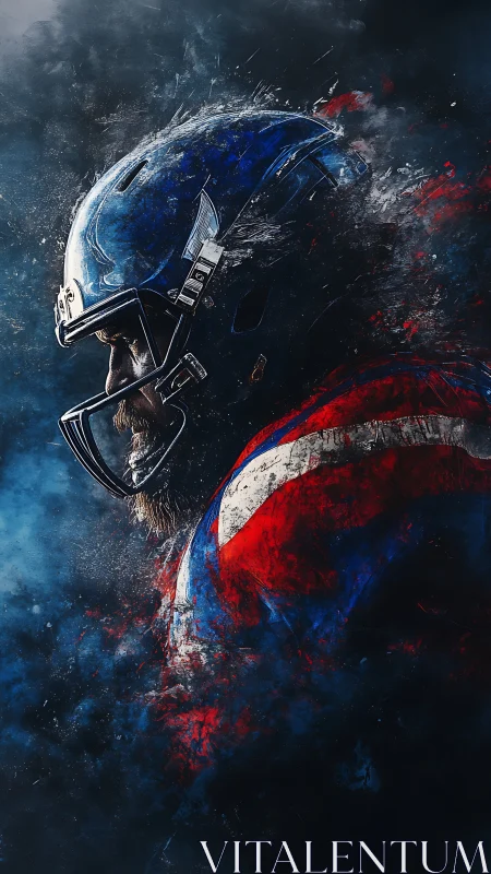 Fierce football warrior emerges through smoke and shattered color