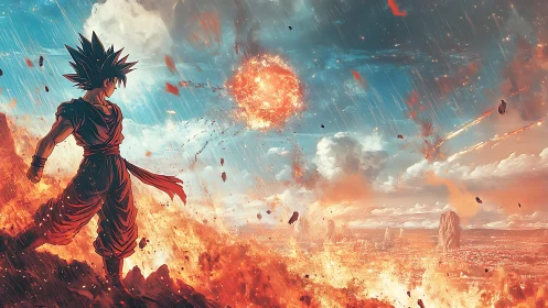 Explosive anime warrior observes fiery meteor storm over cityscape