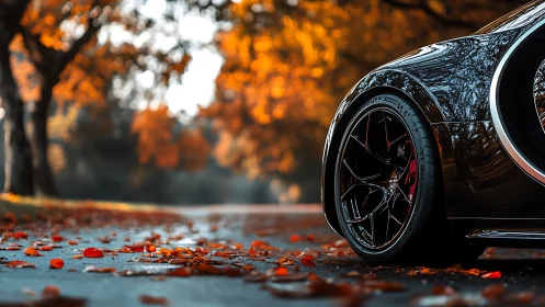 Sports car wheel on wet autumn road with fallen leaves.