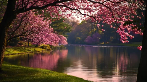 Blossom-draped riverside mirror under a hush of spring.