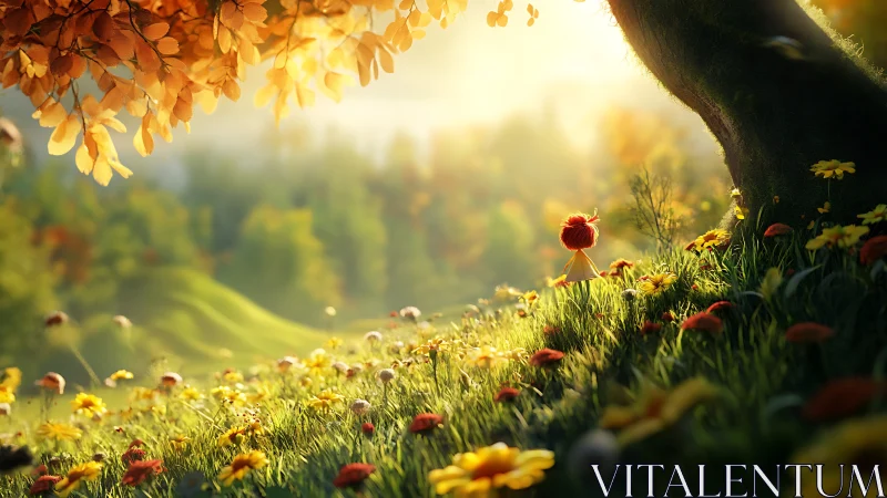 Whimsical red figure under glowing autumn meadow tree.