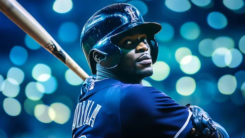 Baseball player at bat under bright stadium lights.