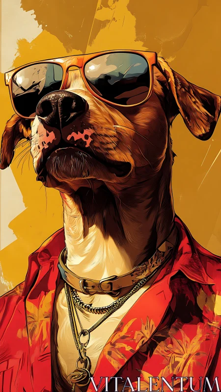 Stylized dog portrait in sunglasses and patterned shirt.