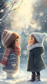 Two children standing in winter snowfall, soft light scene.