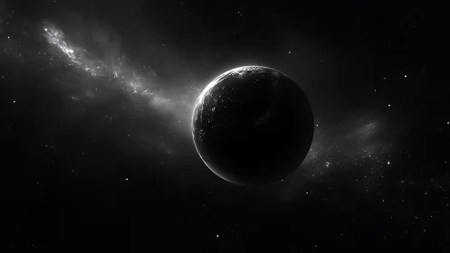 Dark planet in deep space with glowing distant starlight.