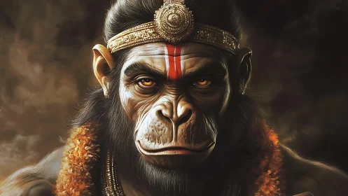 Simian deity portrait with gold crown and facial marking.