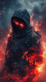 Hooded fire spirit emerges from stormy shadows in flames