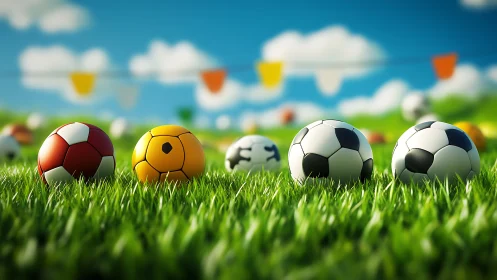 Colorful soccer balls rest on bright summer grass field.