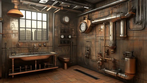 Industrial steampunk bathroom with exposed copper piping network