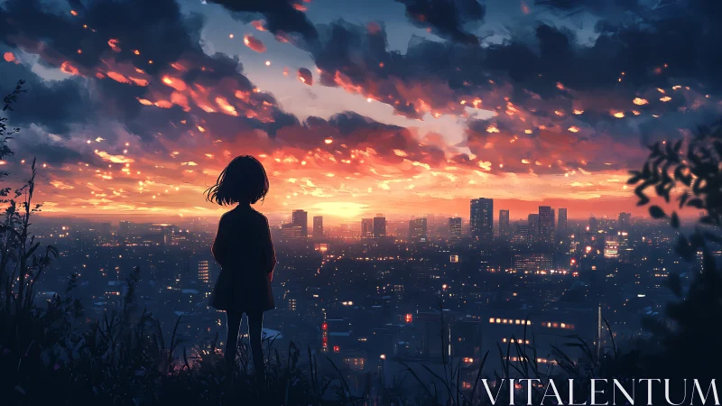 Twilight skyline watched by lone silhouetted girl on hilltop.