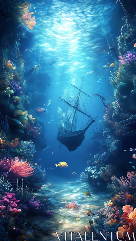 Sunlit coral canyon cradles a dreamy sunken sailing ship