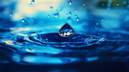 Suspended water droplet over rippling surface in vivid blue tones.
