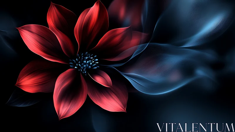 Digital painting of crimson bloom with ethereal wave forms.
