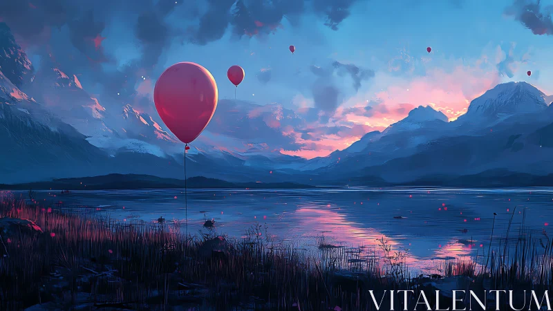 Red balloons float above reflective lake at snowy sunset
