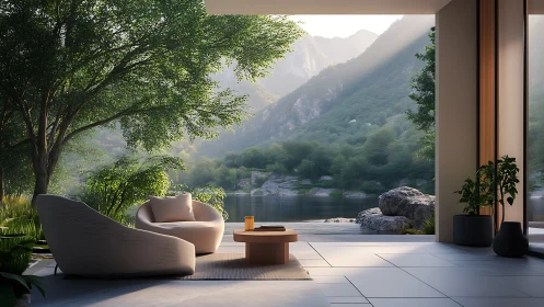 Lakeside minimal lounge cradled in soft mountain daylight.