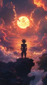 Solar warrior gazes across a molten, dreamlit horizon.