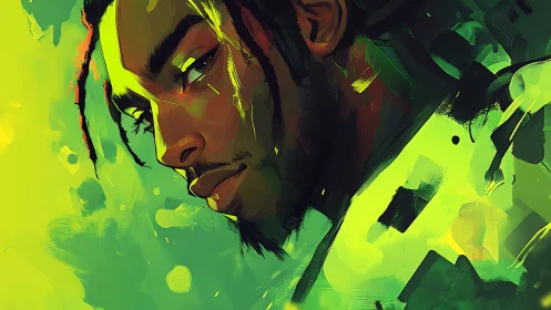 Neon-bathed gaze of a thoughtful dreamer in electric greens.