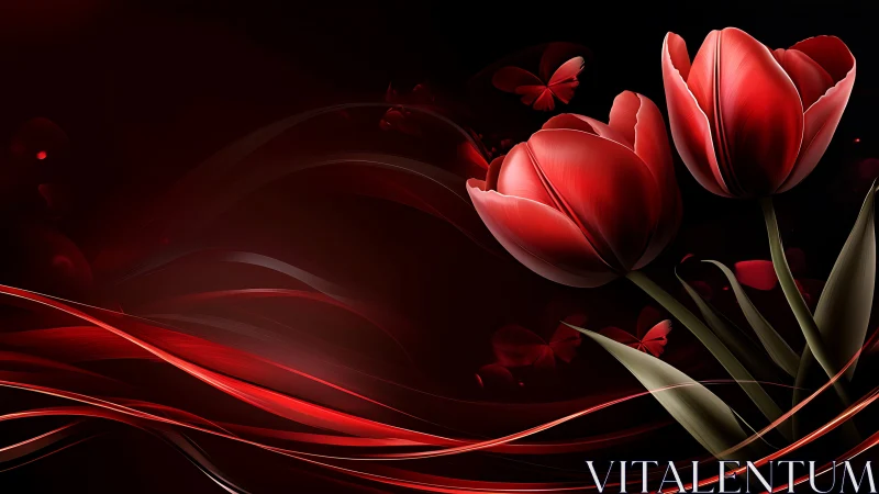 Red tulips rendered against dark background with flowing lines