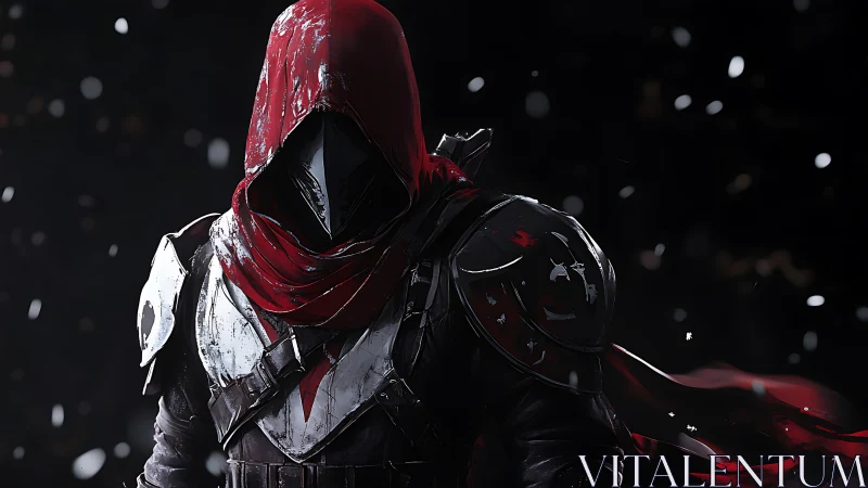 Hooded red-cloaked knight in snowlit dark armor portrait.