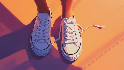 Sunlit white sneakers rendered in stylized warm digital lighting