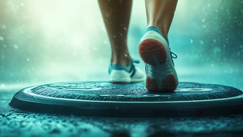 Runner’s shoes strike a wet platform under glowing rainlight.
