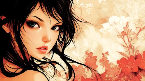 Stylized portrait of woman with red floral background.