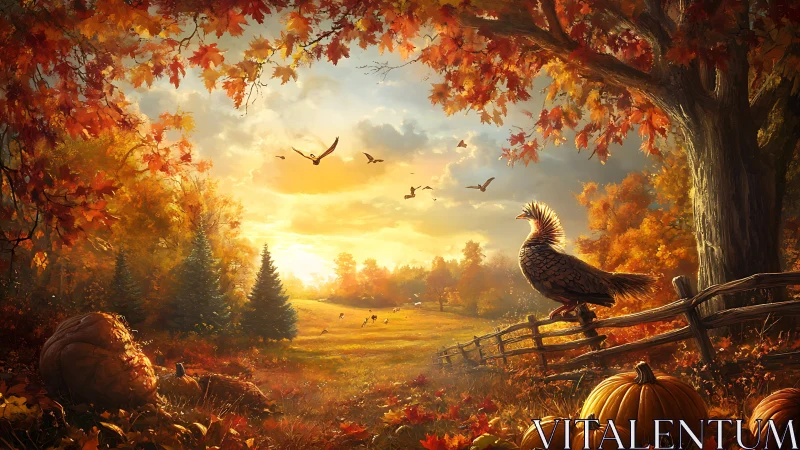 Autumn forest landscape shows bird on fence at glowing sunset