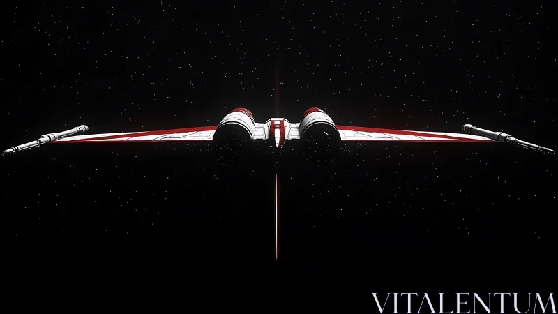 Sleek red starfighter slicing quietly through deep space.