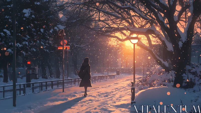 Solitary figure on snowy city path at low winter sunset.