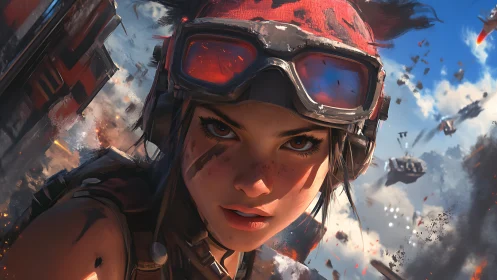 Fearless sky pilot girl ready for adventure and battle.