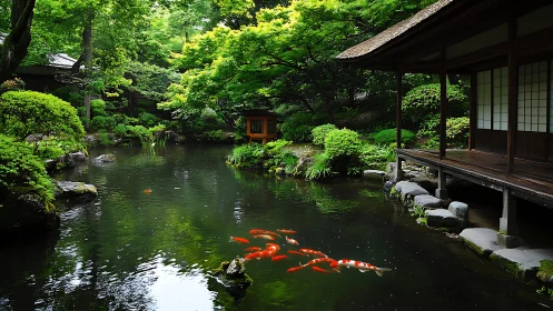 Vernacular Japanese garden pond with koi and timber engawa.