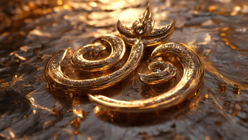 Ornate golden Om symbol in shimmering abstract 3D style.