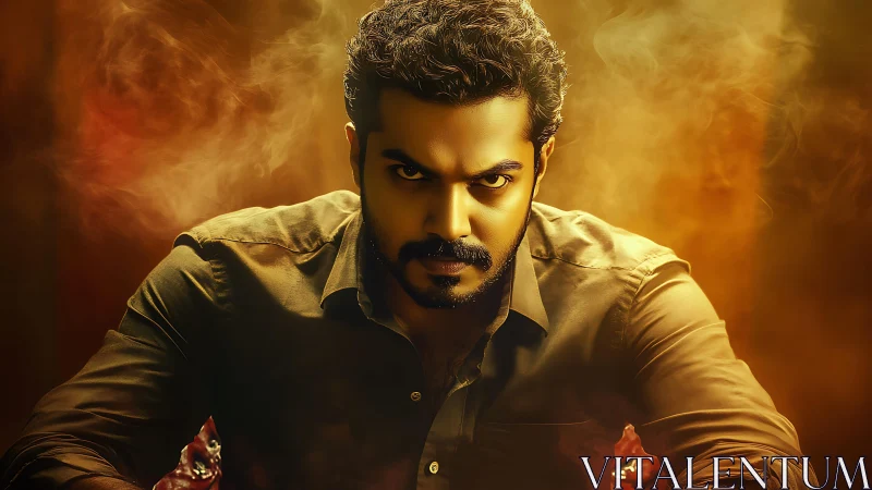 Intense man in brown shirt against smoky golden backdrop.