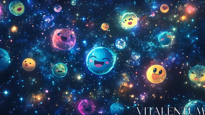 Playful emoji planets drift through a glowing cosmic galaxy