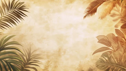 Tropical foliage border with soft gradient background and muted palette