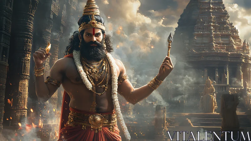 Epic mythological warrior before smoking temple complex.