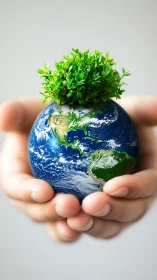 Hands cradle a living Earth that symbolizes hopeful renewal