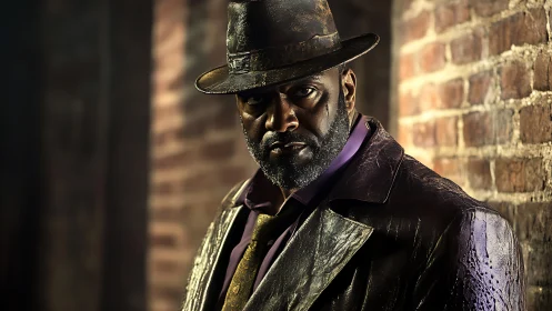Man in weathered coat and fedora against brick alley wall.