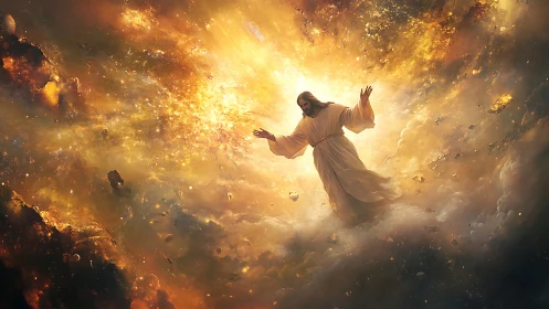 Human figure in luminous cloudscape with radiating light field