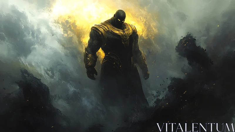 Armored dark titan emerges from blazing cosmic storm.