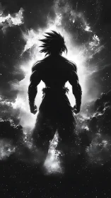 Warrior silhouette ignites cosmic storm in stark monochrome.